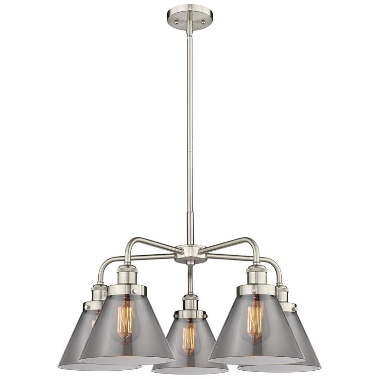 Image 1 Cone 25.75"W 5 Light Satin Nickel Stem Hung Chandelier w/ Smoke Glass