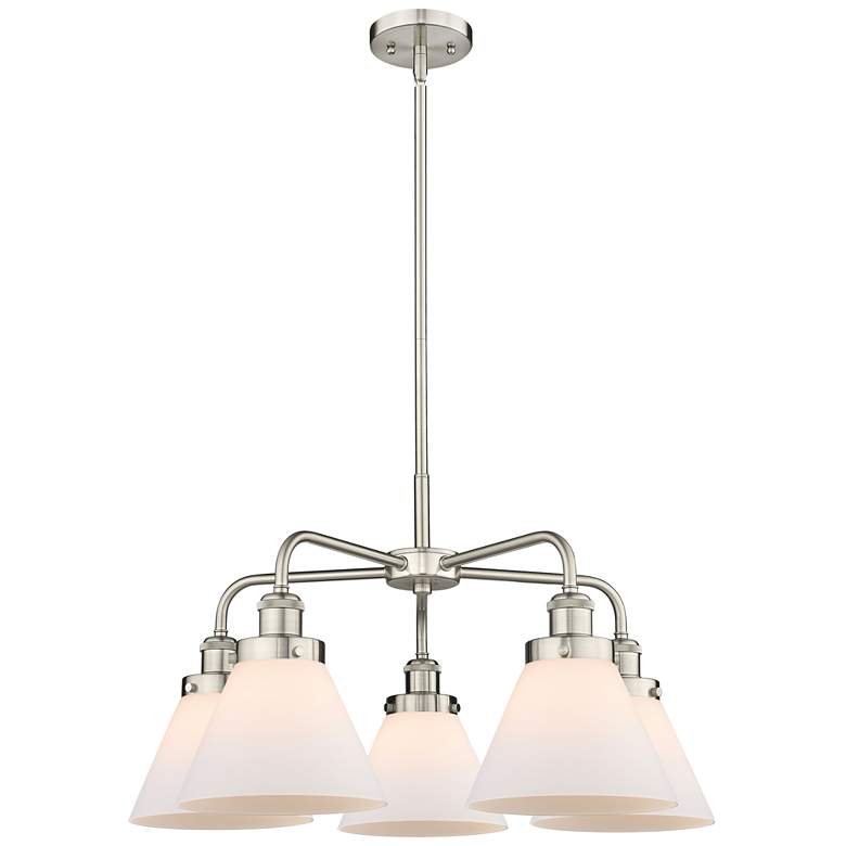 Image 1 Cone 25.75"W 5 Light Satin Nickel Stem Hung Chandelier w/ White Shade