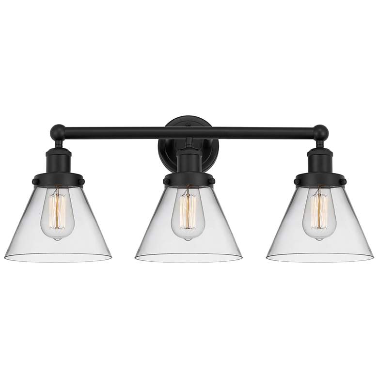 Image 1 Cone 25 3/4" Wide Matte Black Clear Glass 3-Light Bath Light