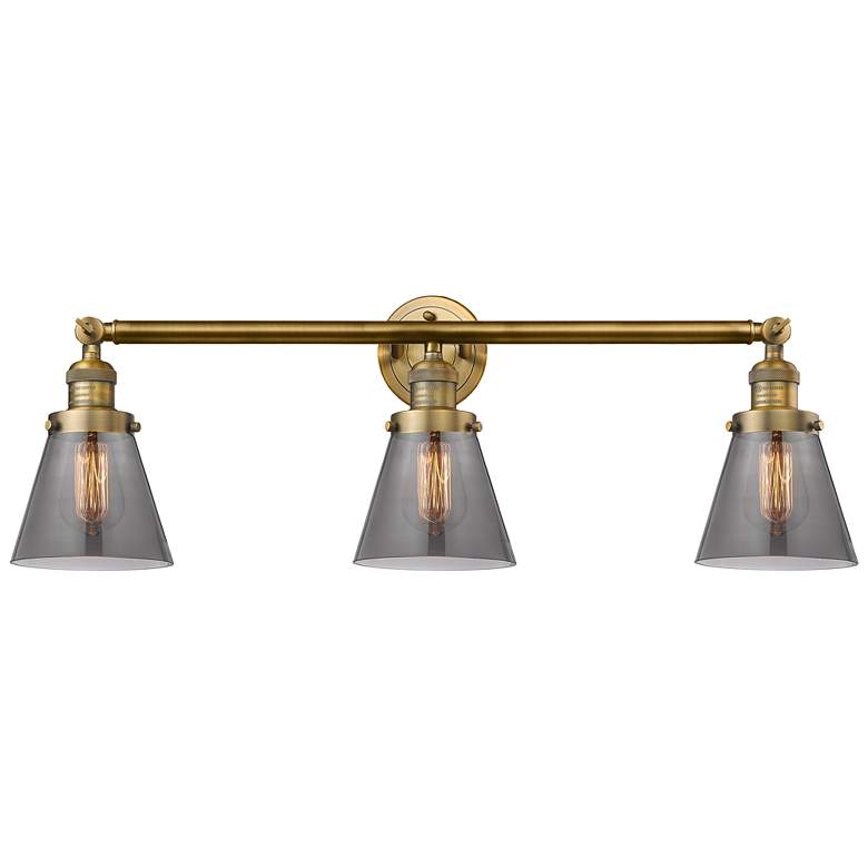 Image 1 Cone 30" 3-Light Brushed Brass Bath Light w/ Plated Smoke Shade