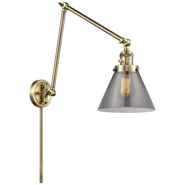 Image 1 Cone 30" High Antique Brass Swing Arm w/ Plated Smoke Shade