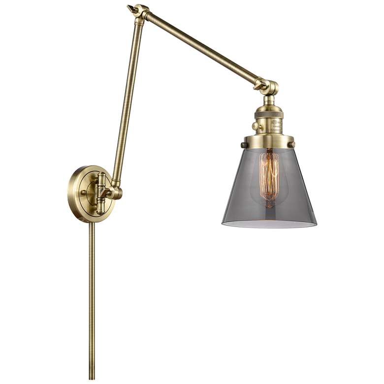 Image 1 Cone 30" High Antique Brass Swing Arm w/ Plated Smoke Shade