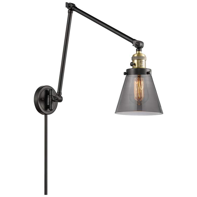 Image 1 Cone 30 inch High Black Brass Swing Arm w/ Plated Smoke Shade