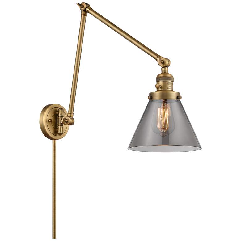 Image 1 Cone 30 inch High Brushed Brass Swing Arm w/ Plated Smoke Shade