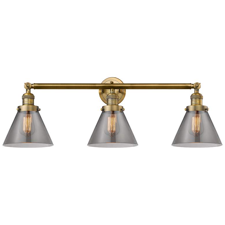 Image 1 Cone 32" 3-Light Brushed Brass Bath Light w/ Plated Smoke Shade