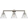 1_Cone 32"W Polished Nickel Clear Glass 3-Light LED Bath Light