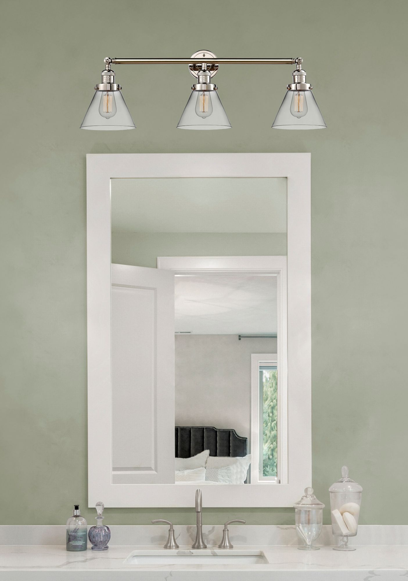 Image 3 Cone 32"W Polished Nickel Clear Glass 3-Light LED Bath Light more views