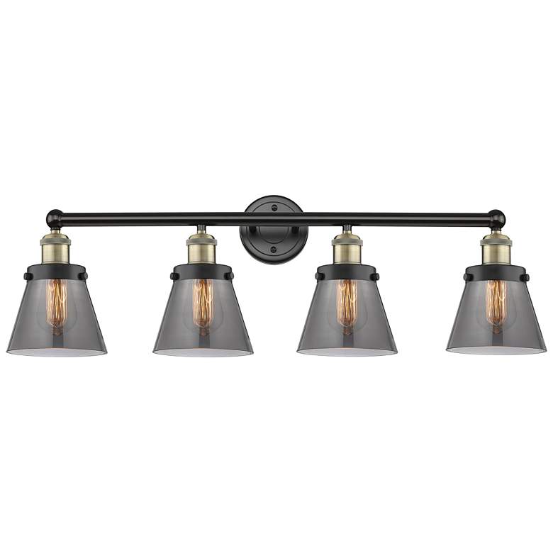 Image 1 Cone 33.5" Wide 4 Light Black Brass Bath Vanity Light w/ Plated Smoke