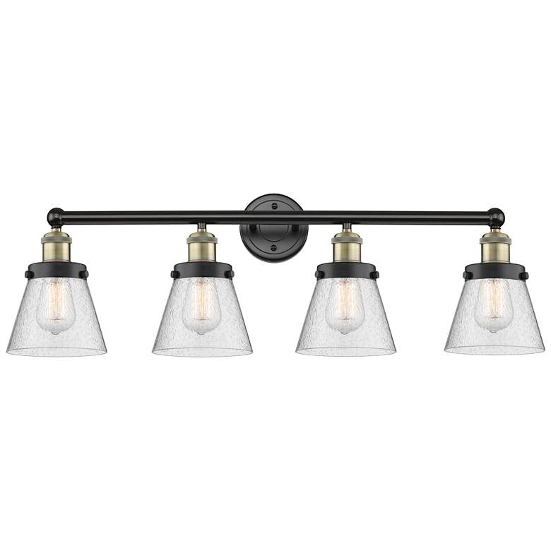 Image 1 Cone 33.5" Wide 4 Light Black Brass Bath Vanity Light With Seedy Shade