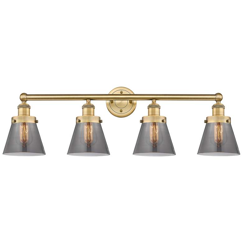 Image 1 Cone 33.5"W 4 Light Brushed Brass Bath Vanity Light w/ Plated Smoke Sh