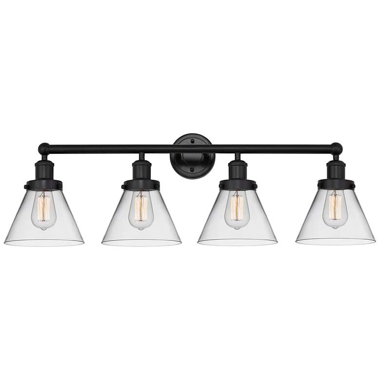Image 1 Cone 34 3/4" Wide Matte Black Clear Glass 4-Light Bath Light