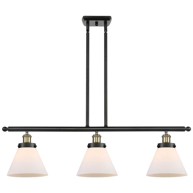 Image 1 Cone 36" Wide 3 Light Black Brass Island Light w/ Matte White Shade
