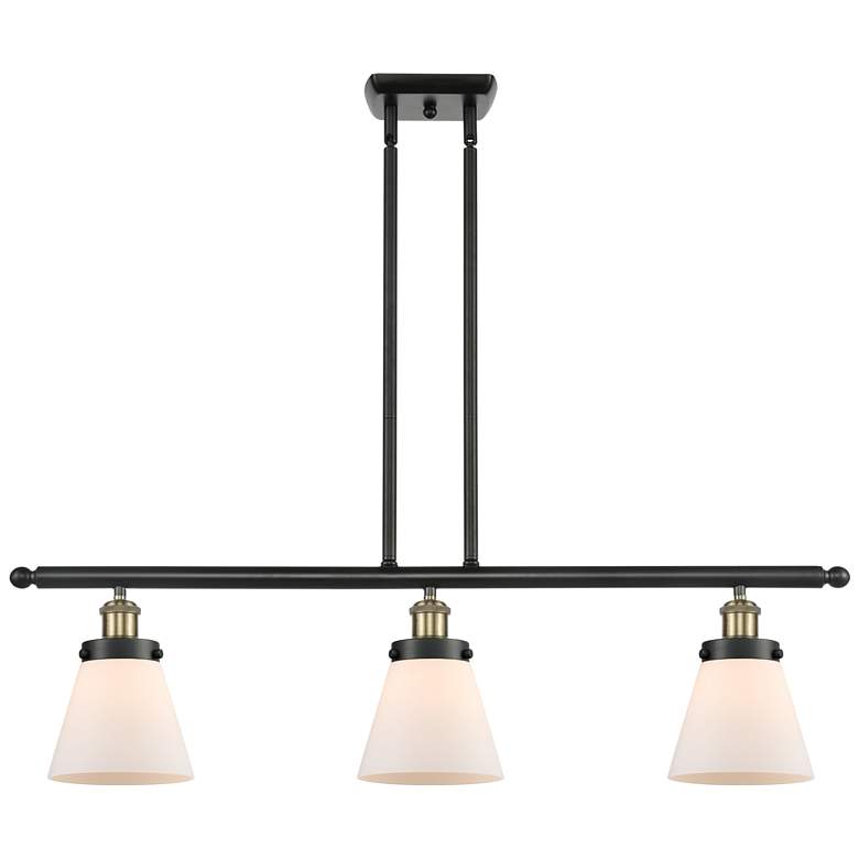 Image 1 Cone 36" Wide 3 Light Black Brass Island Light w/ Matte White Shade