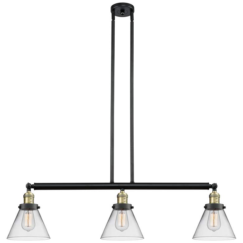 Image 1 Cone 40.25" Wide 3 Light Black Brass Stem Hung Island Light w/ Clear S