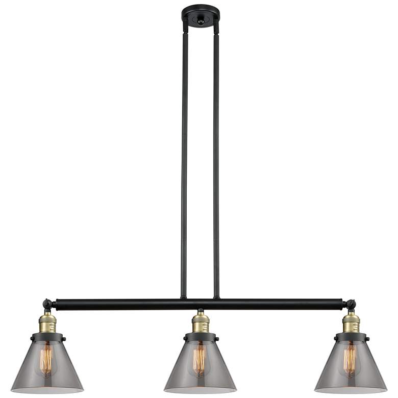 Image 1 Cone 40.25"W 3 Light Black Brass Stem Hung Island Light w/ Smoke Shade