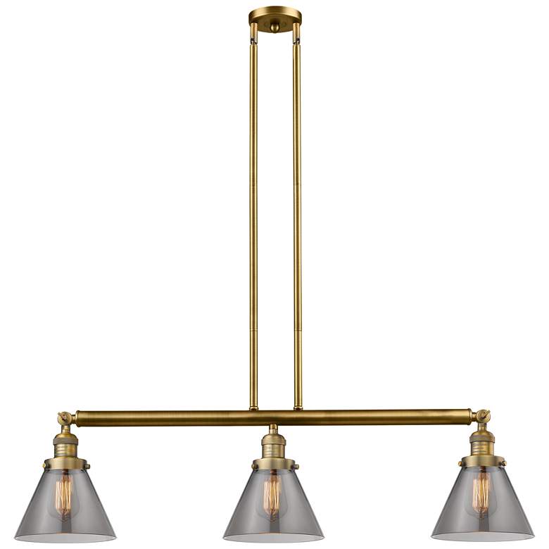 Image 1 Cone 40.25"W 3 Light Brushed Brass Stem Hung Island Light w/ Smoke Sha