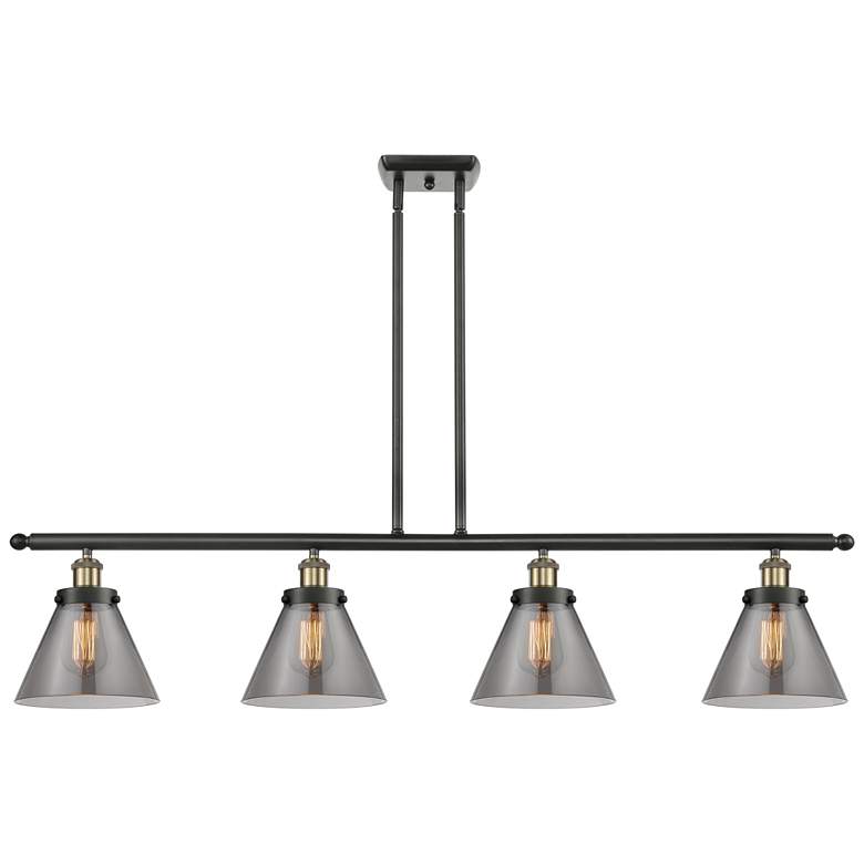 Image 1 Cone 48" Wide 4 Light Black Brass Island Light w/ Plated Smoke Shade