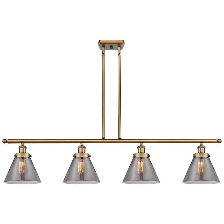 Image 1 Cone 48" Wide 4 Light Brushed Brass Island Light w/ Plated Smoke Shade