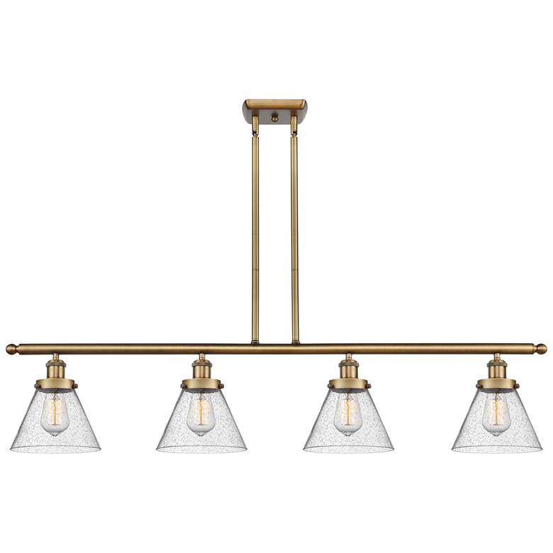 Image 1 Cone 48" Wide 4 Light Brushed Brass Island Light w/ Seedy Shade
