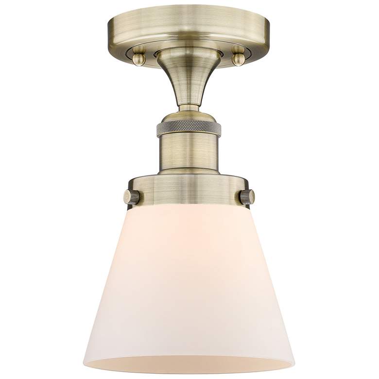 Image 1 Cone 6.25" Wide Antique Brass Semi.Flush Mount With Matte White Glass