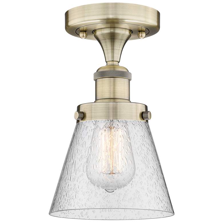 Image 1 Cone 6.25" Wide Antique Brass Semi.Flush Mount With Seedy Glass Shade