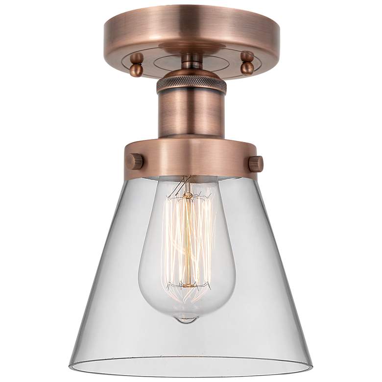 Image 1 Cone 6.25" Wide Antique Copper Semi.Flush Mount With Clear Glass Shade