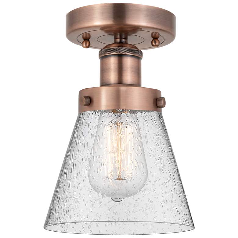 Image 1 Cone 6.25" Wide Antique Copper Semi.Flush Mount With Seedy Glass Shade