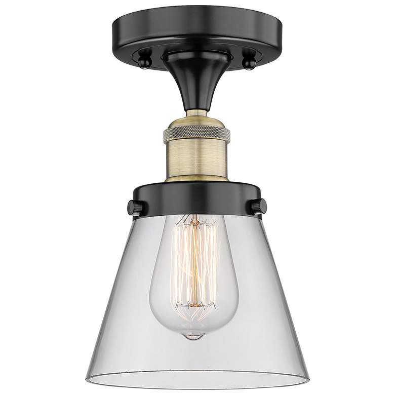 Image 1 Cone 6.25" Wide Black Antique Brass Semi.Flush Mount With Clear Glass