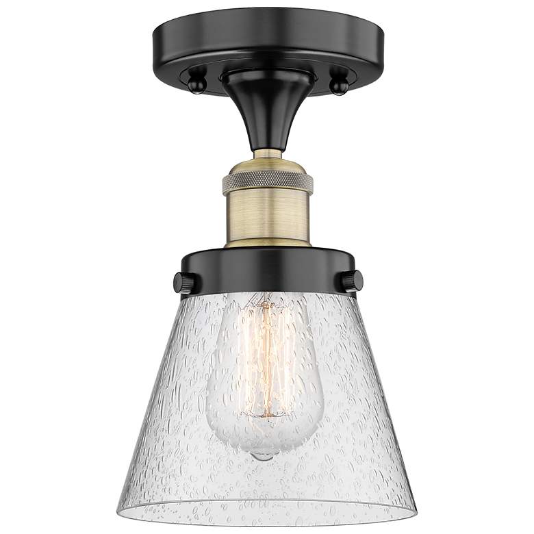 Image 1 Cone 6.25" Wide Black Antique Brass Semi.Flush Mount With Seedy Glass