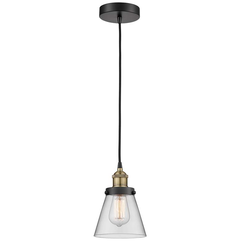 Image 1 Cone 6.25" Wide Black Brass Corded Mini Pendant With Clear Shade