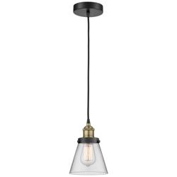 Cone 6.25&quot; Wide Black Brass Corded Mini Pendant With Clear Shade