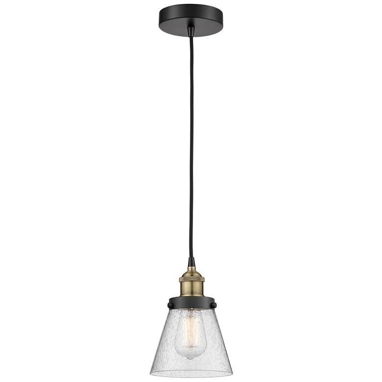 Image 1 Cone 6.25" Wide Black Brass Corded Mini Pendant With Seedy Shade