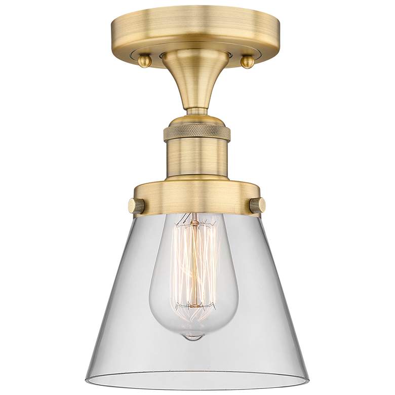 Image 1 Cone 6.25 inch Wide Brushed Brass Semi.Flush Mount With Clear Glass Shade