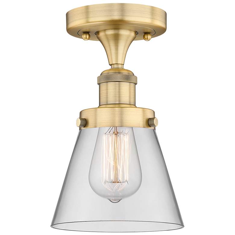 Image 1 Cone 6.25" Wide Brushed Brass Semi.Flush Mount With Clear Glass Shade