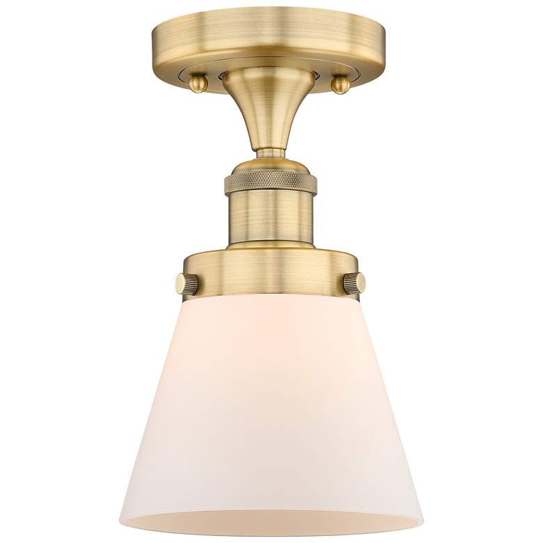 Image 1 Cone 6.25" Wide Brushed Brass Semi.Flush Mount With Matte White Glass