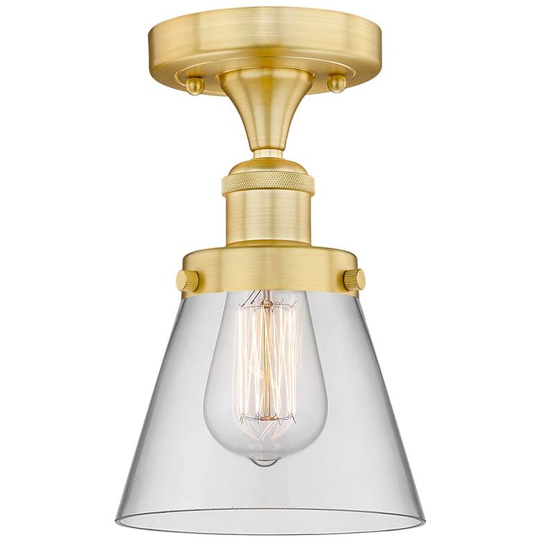 Image 1 Cone 6.25 inch Wide Satin Gold Semi.Flush Mount With Clear Glass Shade