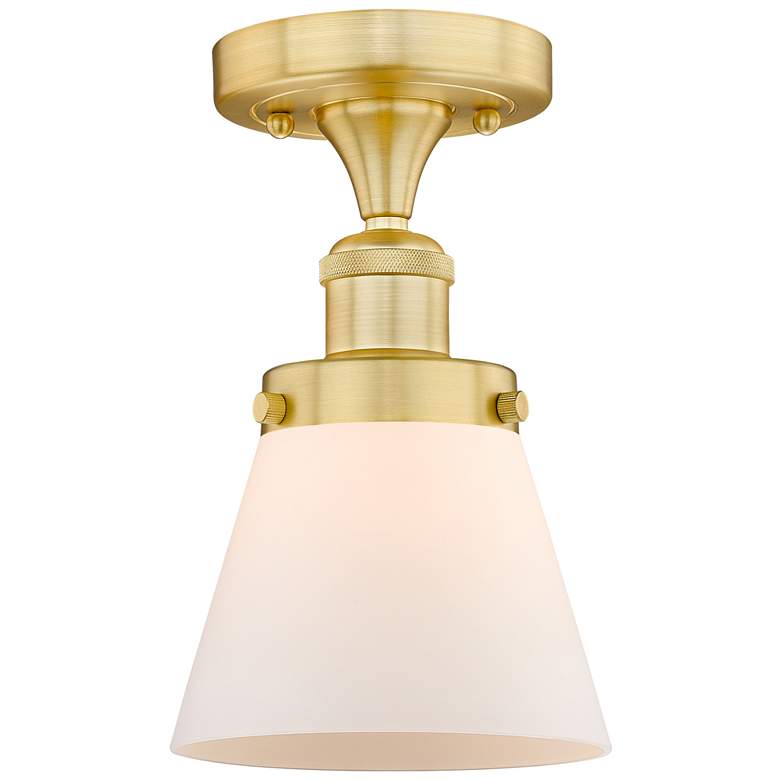 Image 1 Cone 6.25" Wide Satin Gold Semi.Flush Mount With Matte White Glass Sha