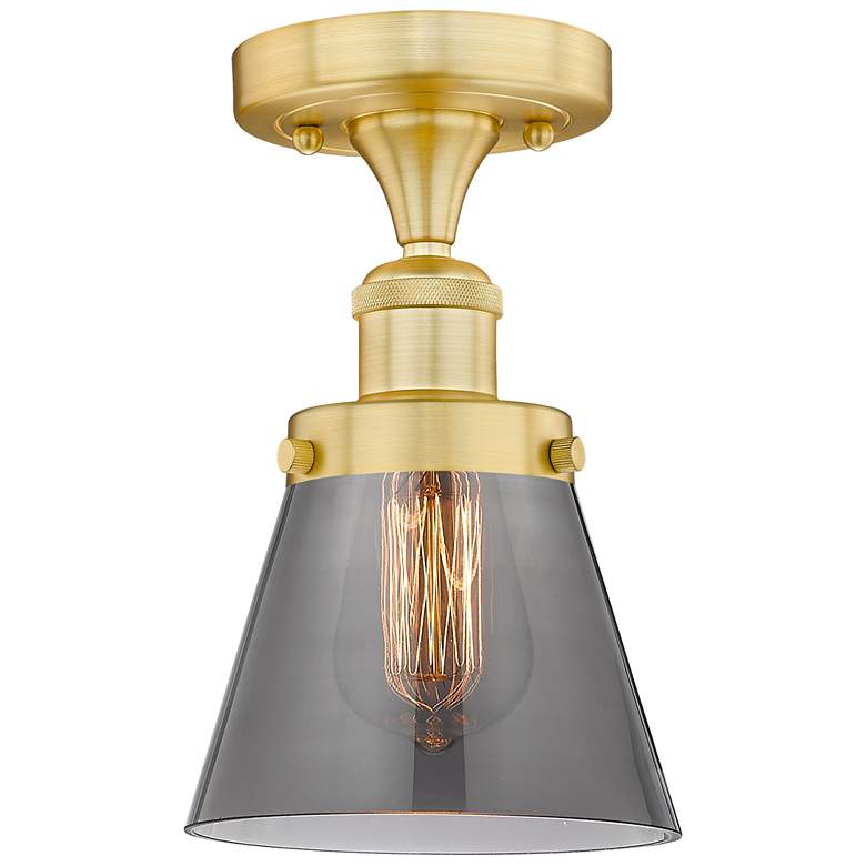 Image 1 Cone 6.25" Wide Satin Gold Semi.Flush Mount With Plated Smoke Glass Sh