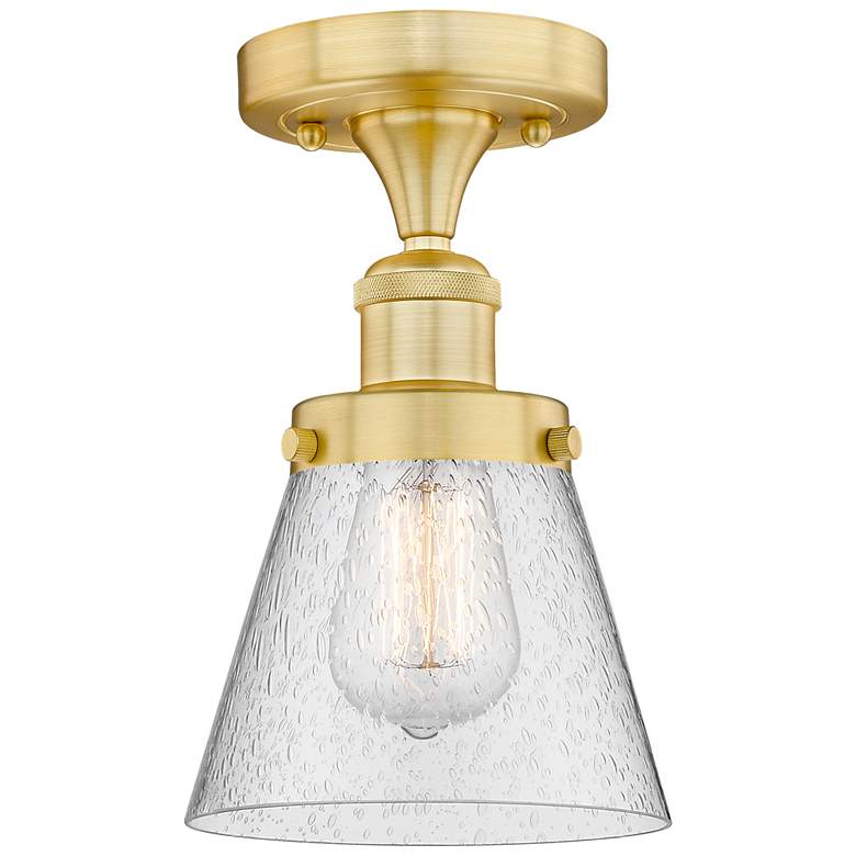 Image 1 Cone 6.25" Wide Satin Gold Semi.Flush Mount With Seedy Glass Shade