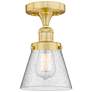 Cone 6.25" Wide Satin Gold Semi.Flush Mount With Seedy Glass Shade