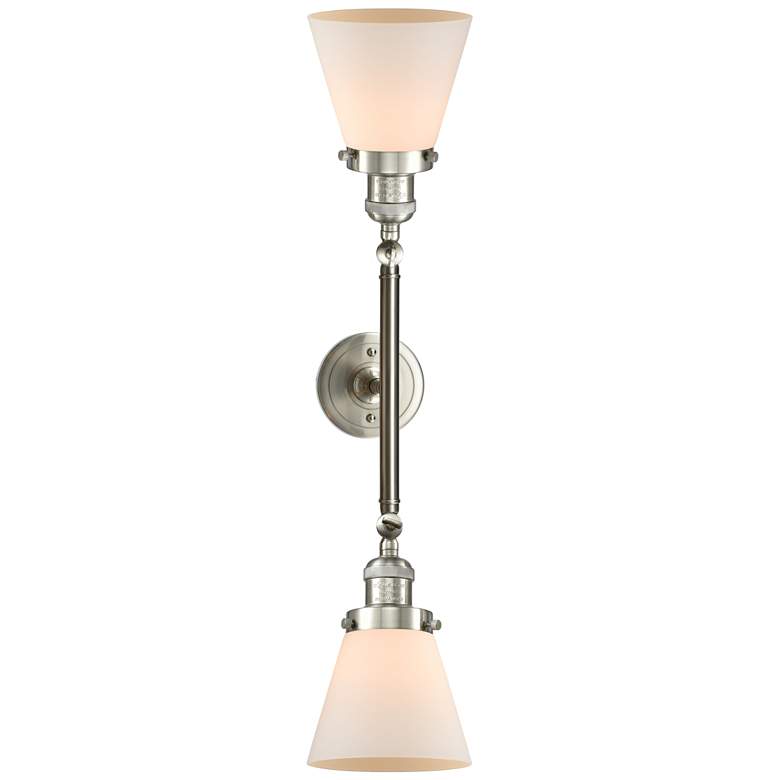 Image 1 Cone 6.25"W 2 Light Brushed Satin Nickel Bath Vanity Light w/ White Sh