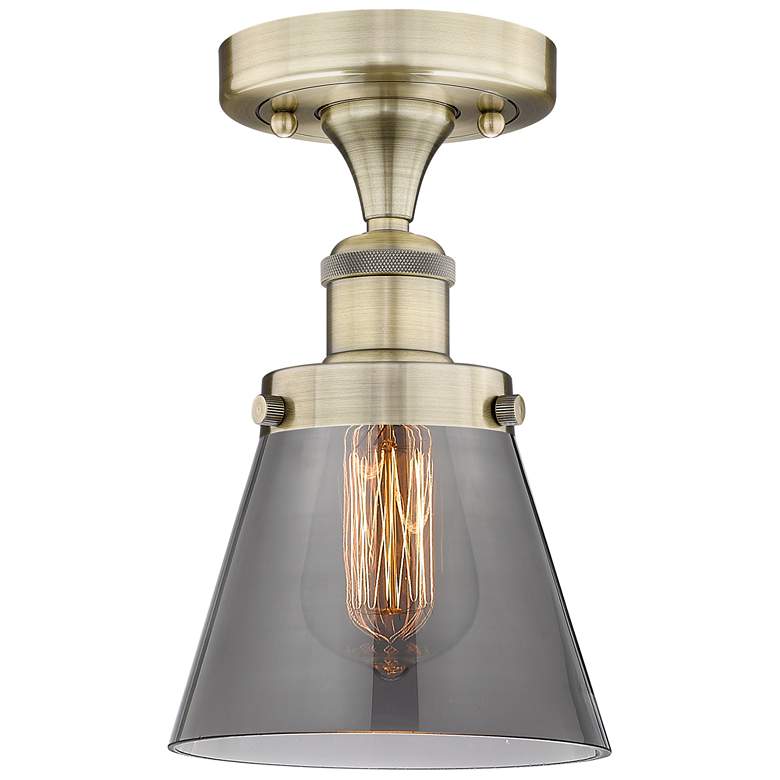 Image 1 Cone 6.25"W Antique Brass Semi.Flush Mount With Plated Smoke Glass Sha