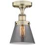 Cone 6.25"W Antique Brass Semi.Flush Mount With Plated Smoke Glass Sha
