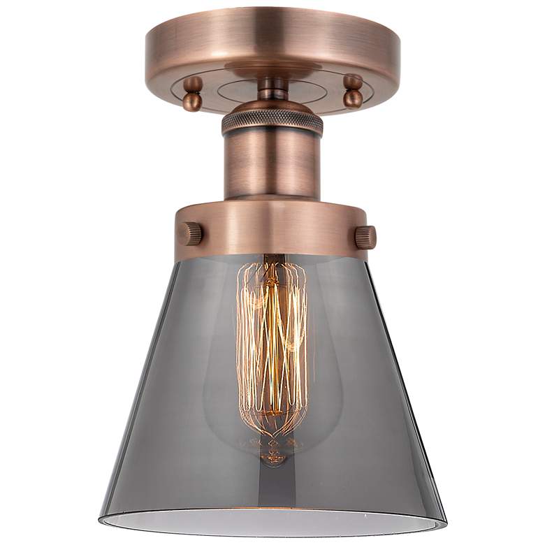 Image 1 Cone 6.25"W Antique Copper Semi.Flush Mount With Plated Smoke Glass Sh