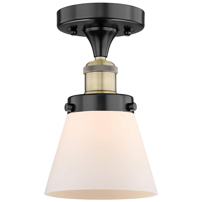 Image 1 Cone 6.25"W Black Antique Brass Semi.Flush Mount w/ Matte White Glass