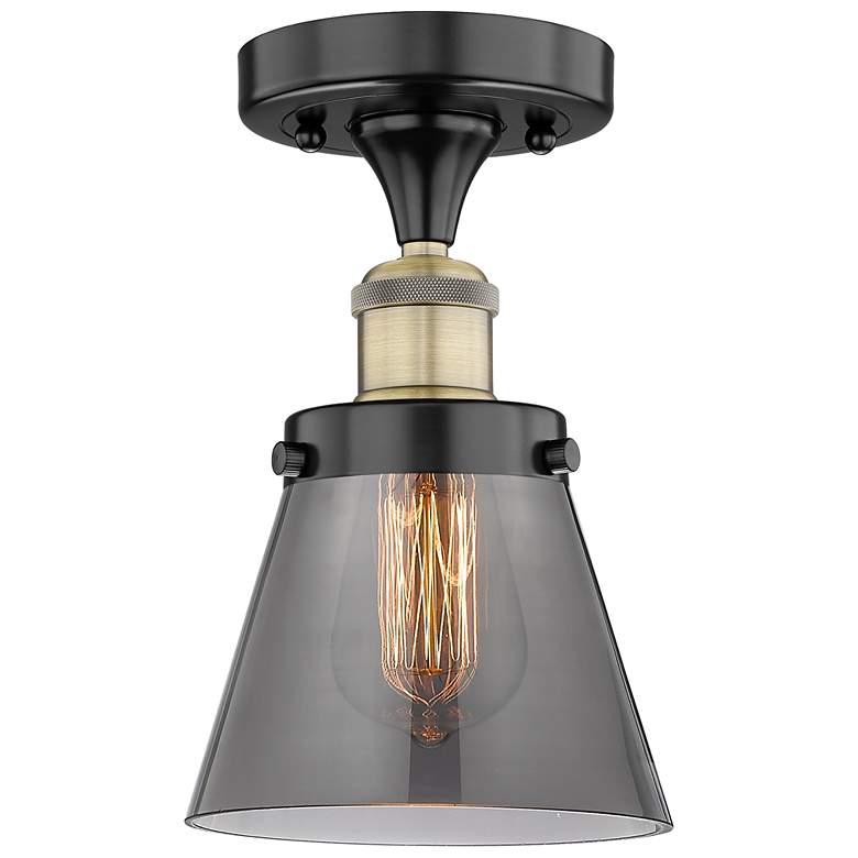 Image 1 Cone 6.25"W Black Antique Brass Semi.Flush Mount w/ Smoke Glass Shade