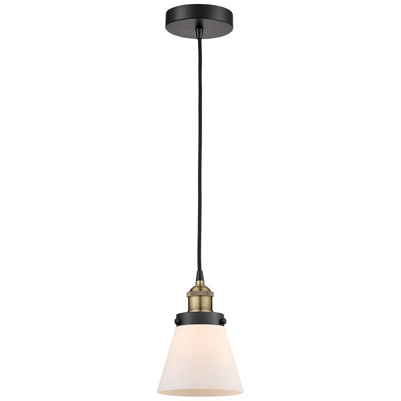 Image 1 Cone 6.25"W Black Brass Corded Mini Pendant w/ Matte White Shade