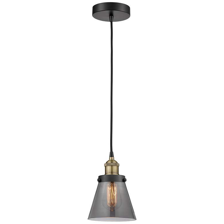 Image 1 Cone 6.25"W Black Brass Corded Mini Pendant w/ Plated Smoke Shade