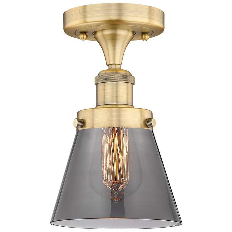 Image 1 Cone 6.25"W Brushed Brass Semi.Flush Mount With Plated Smoke Glass Sha