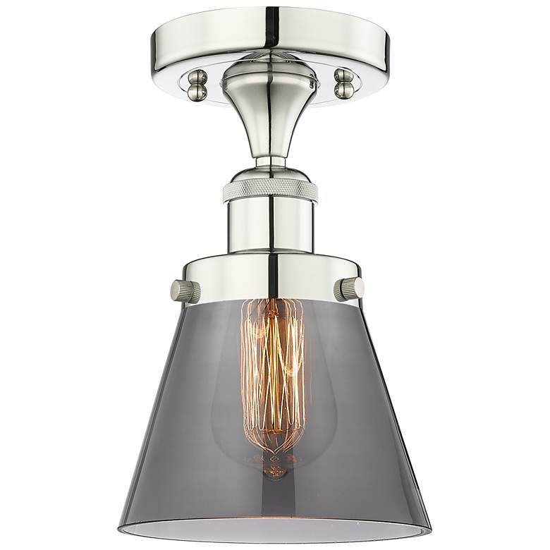 Image 1 Cone 6.25"W Polished Nickel Semi.Flush Mount With Plated Smoke Glass S